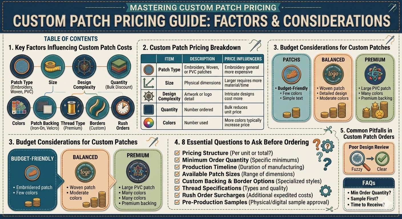 When ordering custom patches, understanding the pricing structure is essential for making an informed decision. Custom patches come in various types, such as embroidered, woven, or PVC, each with different pricing. Factors like patch size, design complexity, and order quantity all influence the cost. Additionally, special features like custom backings and thread types can increase the price. This guide breaks down the cost components and offers tips on how to balance your budget, whether you're looking for a budget-friendly option, a balanced solution, or a premium choice. Learn about the factors that affect custom patch pricing and avoid common pitfalls when placing an order.