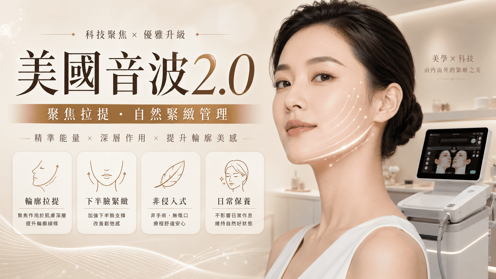 美國音波2.0是近年非侵入式拉提療程中常被討論的選項之一，常見於臉部輪廓、下顎線條